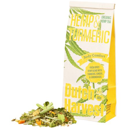 Hemp & Turmeric Tea, A Spicy Fresh Blend for Body & Mind Harmony contains 100% Organic Hemp Leaves & Hemp Flowers. Vegan-Friendly, Lab-Tested Tea in UK